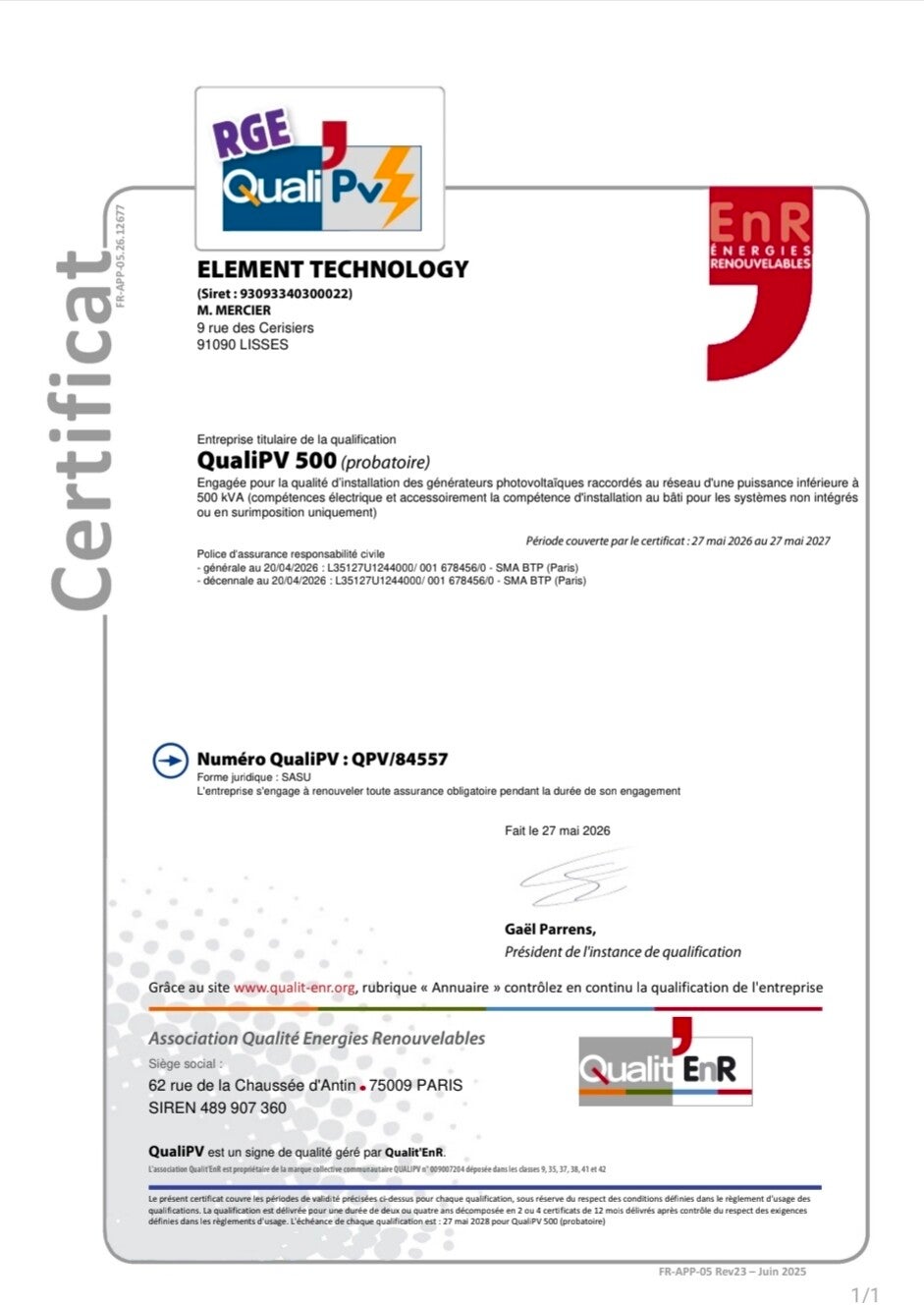 Certification RGE PV500 Qualit'EnR