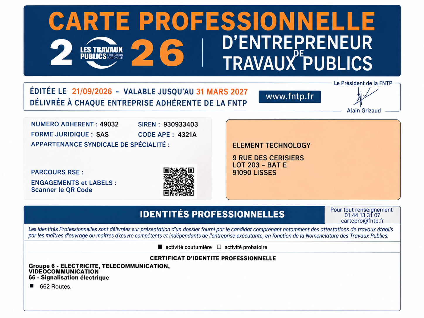 Carte professionnelle FNTP 2026 d’ELEMENT Technology, identité professionnelle 662 Routes